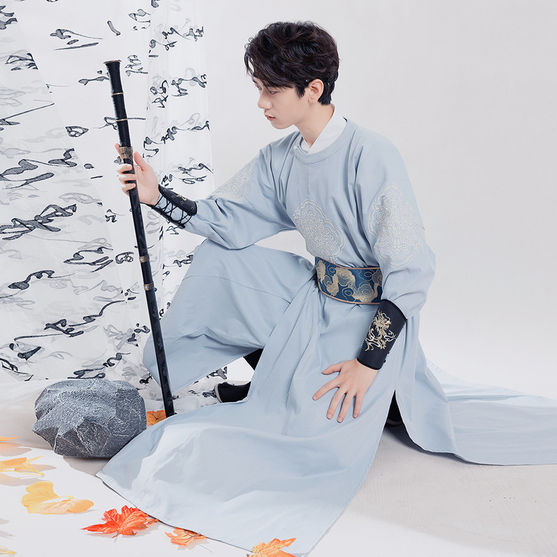 Chinese style ancient costume for men and women with the same style Tang-made crew neck robe embroidered medium and long size Han style martial arts suit autumn and winter