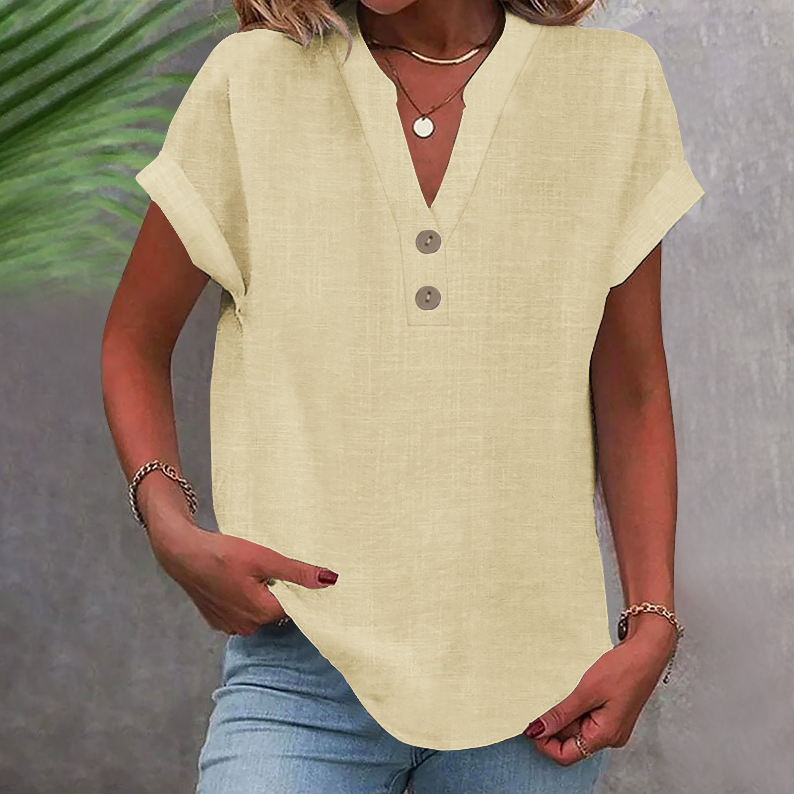 2025 European And American Summer Solid Color Stand Collar Button Short Sleeve Women's Shirt_ecoleips.com