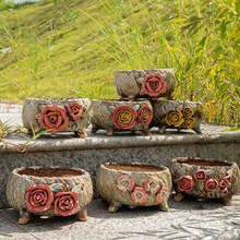 捏花麦饭石拼盘带脚群生透气多肉花盆花器圆形肉肉韩式手工花盆