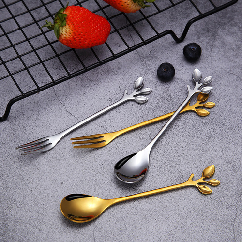 410 stainless steel leaf fork and spoon, golden coffee spoon, cake dessert spoon, fruit salad fork and spoon with engraved logo