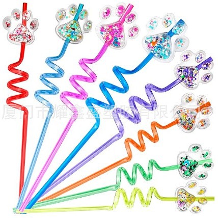 闪光爪印饮料吸管外贸新款宠物狗伙伴猫生日派对用品装饰礼品螺旋