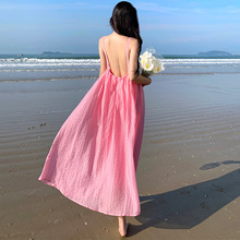 2023粉色超仙度假吊带连衣裙海边拍照沙滩长裙法式露背仙女裙