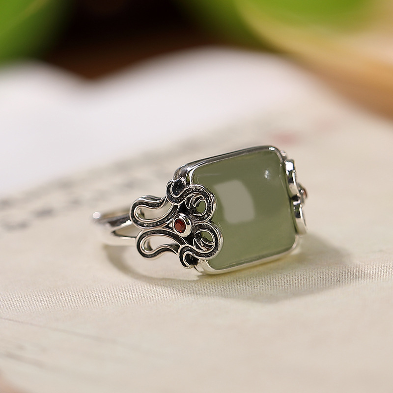 Nhẫn hở hình vuông bạc S925 đính đá sapphire tự nhiên — Mở một size