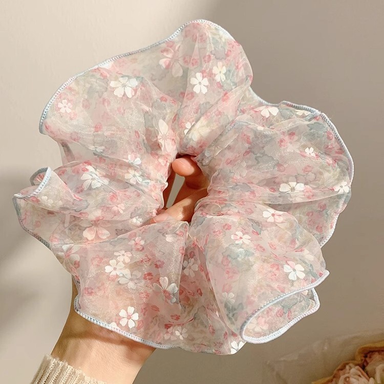 Soft Seersucker Korean Pink Floral Scrunchie for Women, High-End Fairy Style, Lazy Wind Hair Tie, Extra Large