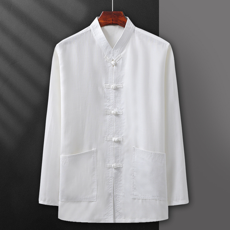 Men's Tang-style long-sleeved shirt for middle-aged and elderly men, spring and summer base layer, new Chinese Hanfu, father's outfit, grandfather's Tai Chi outfit