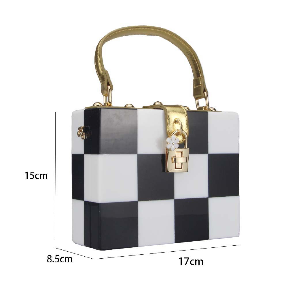 Trendy Korean-Inspired Checkerboard Acrylic Box Bag – Versatile Shoulder & Crossbody Clutch With Lock Closure_voghion.com