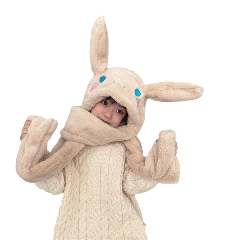 Cute velvet hat with hood, keep warm scarf, demi-season gloves, set for elementary school students, 3 piece set