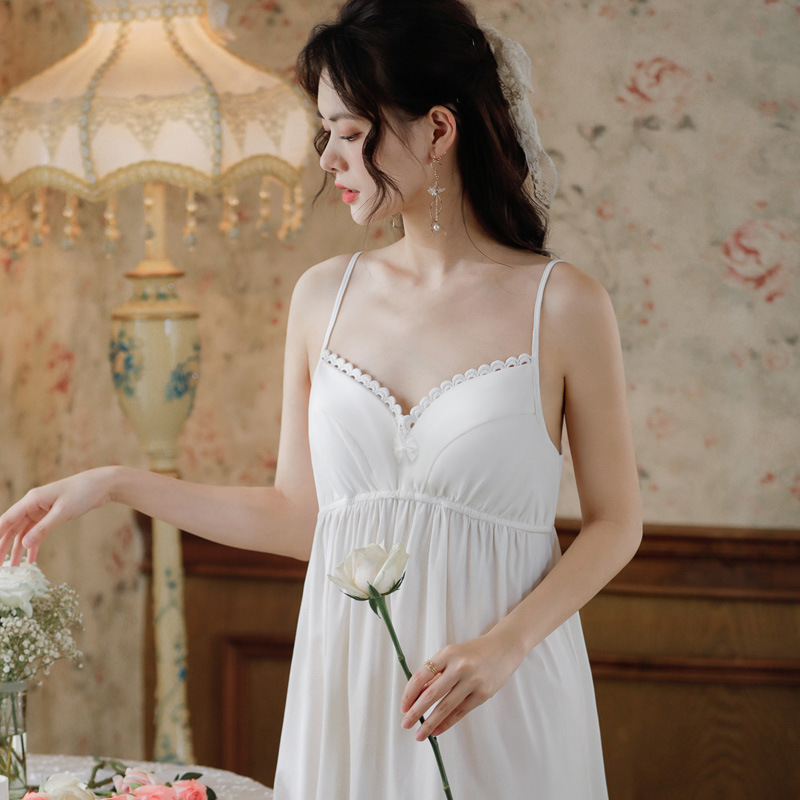 Sling Nightgown Women's Summer Cotton Palace Style Sexy and Comfortable Lace Princess Pajamas Chest Pad Embroidered Outfit Home Clothes