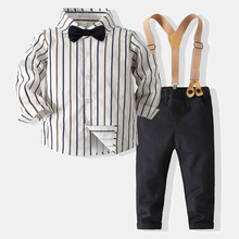 男童日系复古长袖翻领条纹衬衫背带裤套装秋季新款儿童周岁礼服潮