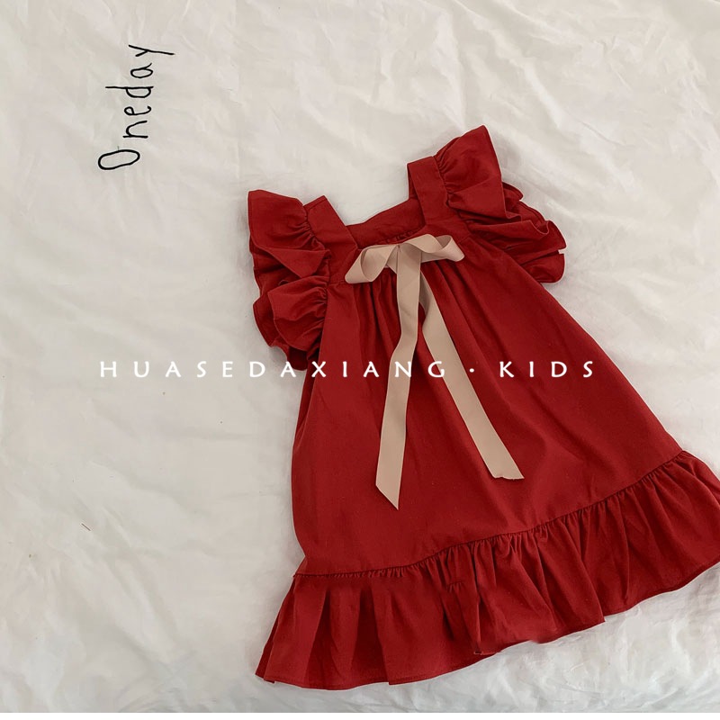 Vestido rojo para niños, nuevo estilo de verano para niñas, falda de estilo occidental, vestido de princesa, dulce bebé de estilo nacional para mujeres