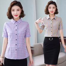 韩版新款短袖格子衫 修身OL减龄纯棉大码短袖女衬衫夏季女装3315