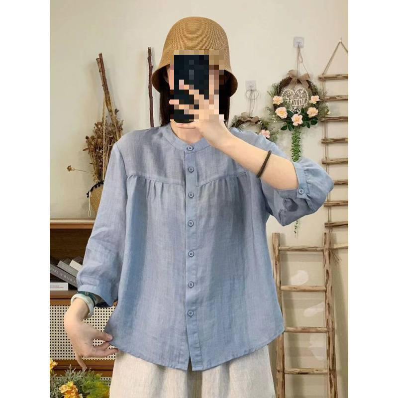 Cotton and Linen Shirts for Women, Spring and Summer New Fashion Casual Retro Artistic Solid Color Design Three-Quarter Sleeve Tops for Women Cotton and Linen Shirts for Women, Spring and Summer New Fashion Casual Retro Artistic Solid Color Design Three-Quarter Sleeve Tops for Women