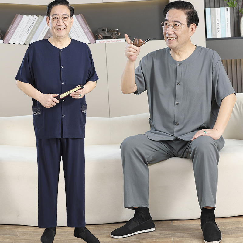 Middle-aged and Elderly Men's Summer Short-sleeved Trousers Cardigan Cotton Silk suit Dad Artificial Cotton Home Clothes Two-piece Set