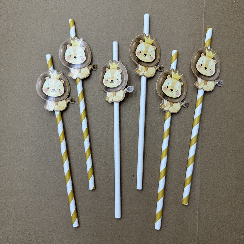 Jung Sen Animal temático tarjeta de león paja desechable postre fiesta decoración papel paja