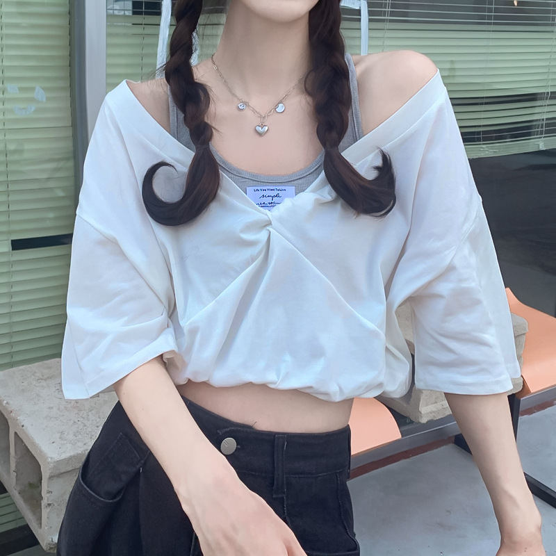 Women's T-shirt Off Shoulder Bubble Sleeve Colour Blocking Top_voghion.com