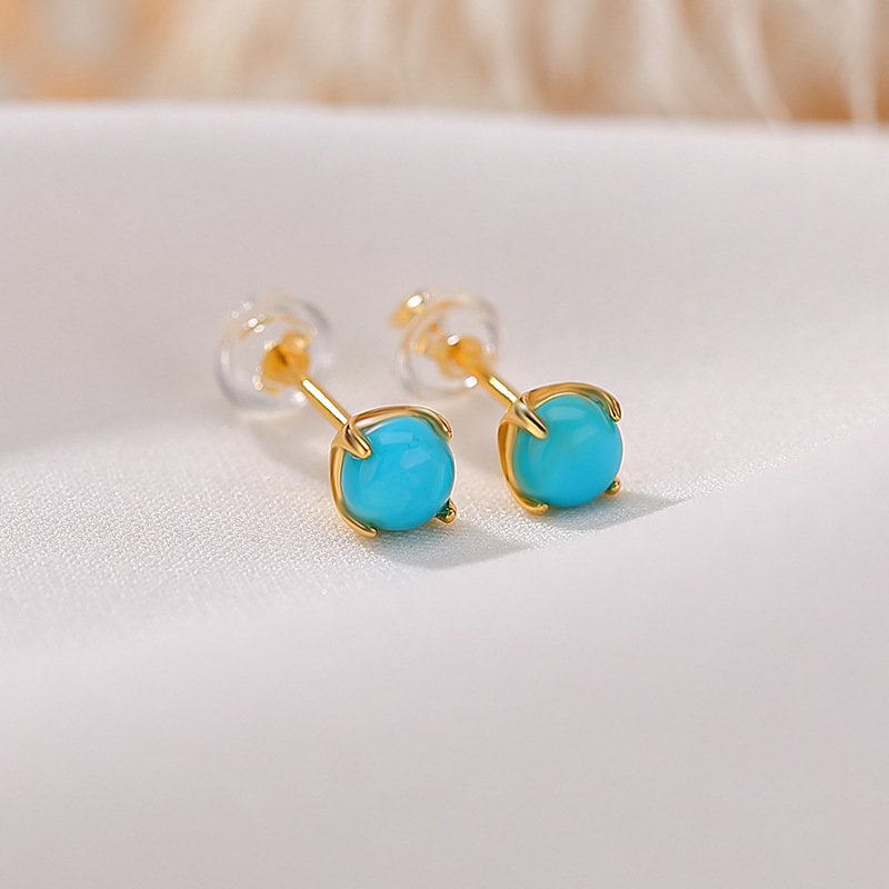 Bông tai ngọc lam mạ vàng Yilu Silver S925 hạt tròn đơn giản thời trang — Một cặp