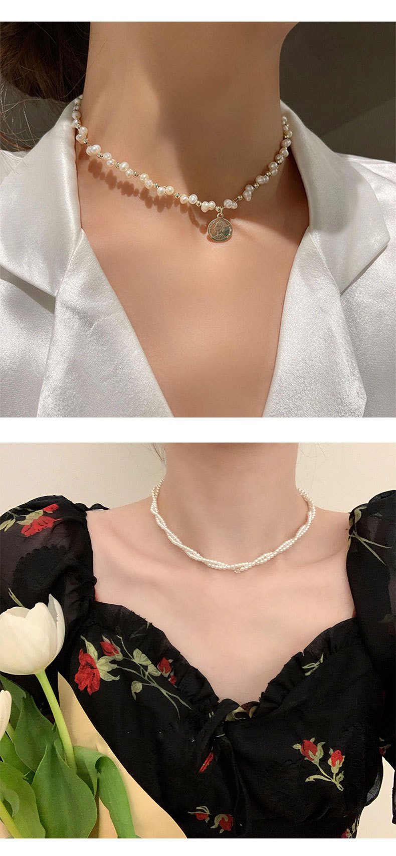 Fashion Round Copper Beaded Pearl Inlay Pearl Zircon Necklace 1 Piece