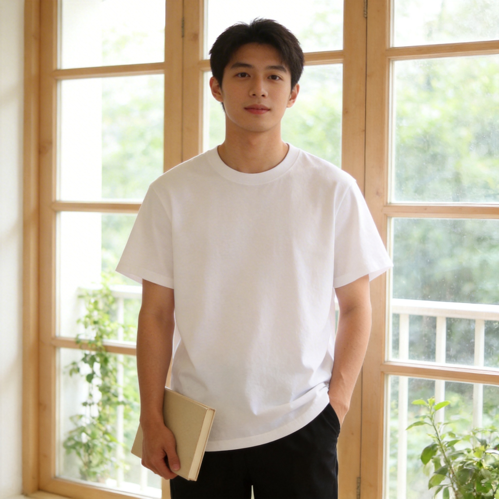 Summer cotton white short sleeve T-shirt with a round collar