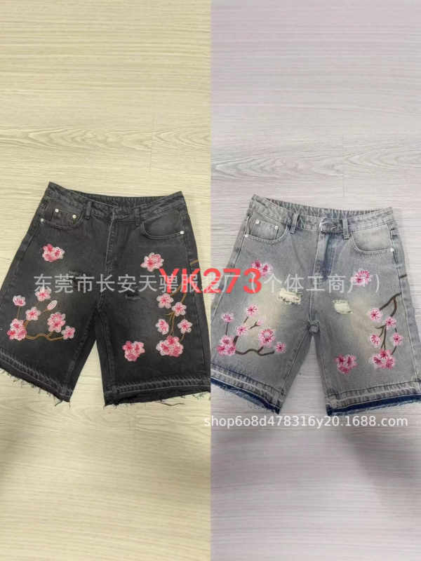 トレンディで多用途なファッショナブルなショートパンツ、クロスボーダー外国貿易、アメリカンレトロなパーソナライズされたストリートフラワー刺繍デニムショートパンツ、男性と女性用|undefined