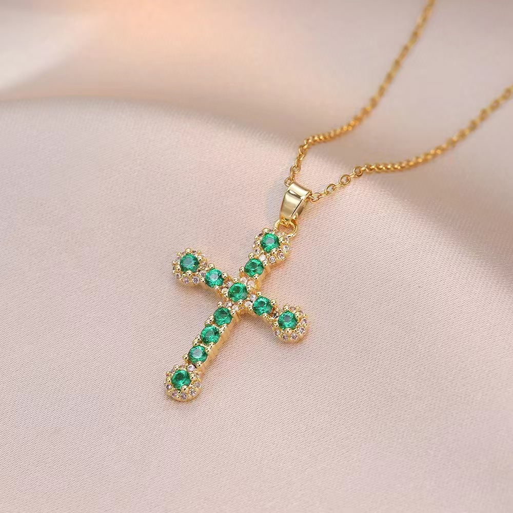 Wholesale Jewelry Shiny Cross Titanium Steel Zircon Inlay Pendant Necklace Cable Chain display picture 4