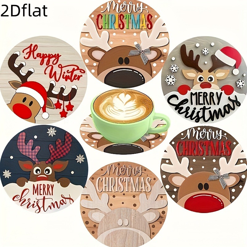 6-Piece Set of Charming Christmas-Style Wooden Coasters - Round, Heat-Resistant and Non-Slip Drink Mats, Suitable for 6-Piece Set of Charming Christmas-Style Wooden Coasters - Round, Heat-Resistant and Non-Slip Drink Mats, Suitable for
