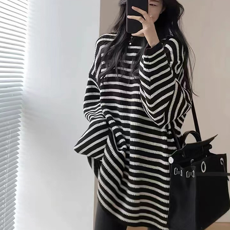 秋冬新款港风宽松大码百搭软糯中长款黑白条纹毛衣女打底衫上衣|undefined