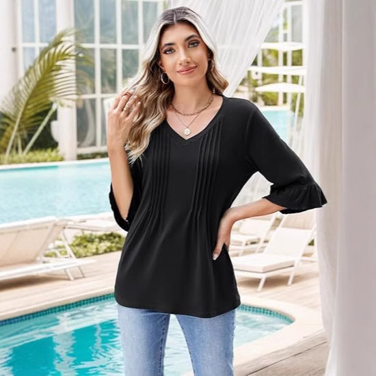 European and American 3/4 sleeve women's top elegant casual summer pleated V-neck bell elbow sleeve top work waist shirt