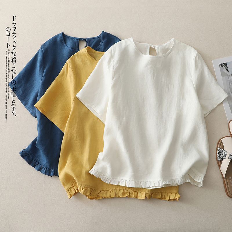 This Year's Trendy Belly-Covering Cotton and Linen Short-Sleeved Tops Are New Summer Styles, Lazy Style, Loose Fit, Slimming Casual T-Shirts