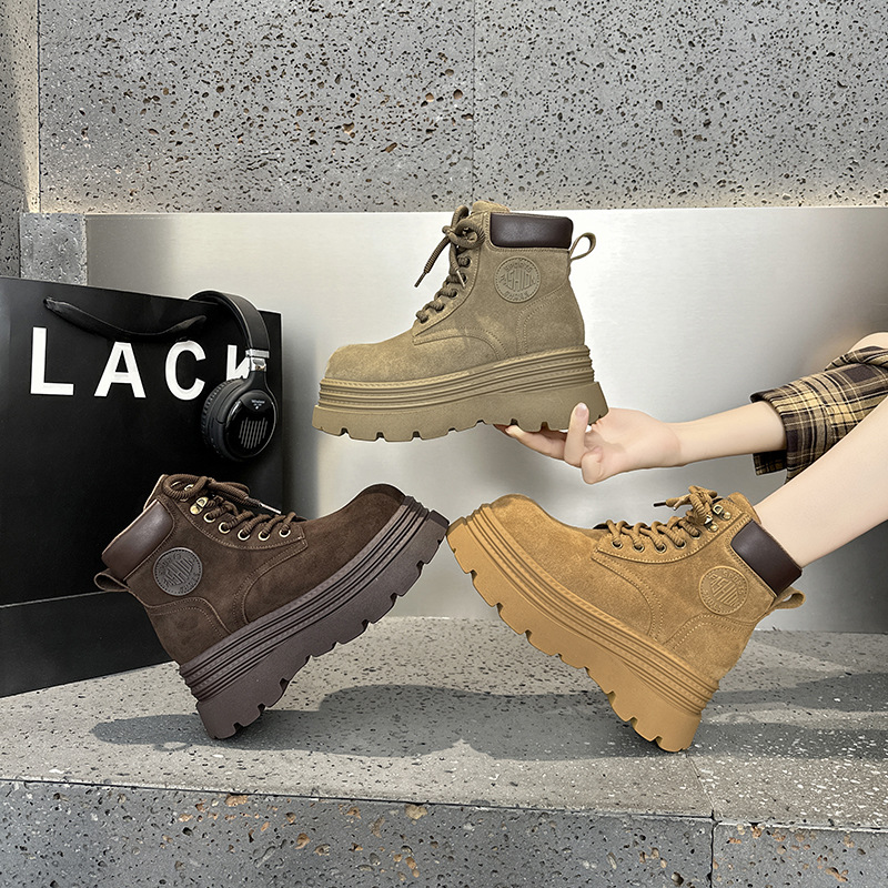 Thick-Soled Inner Heightening Short Boots British Style Boots for Women 2025 Autum New Casual Retro Lace-Up Rhubarb Boots