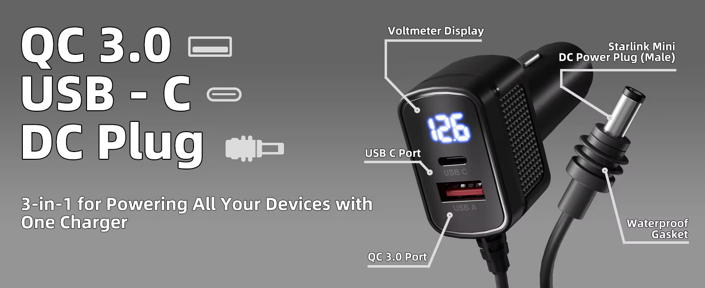 Amazon's Popular Fourth Generation Mini Digital Display Car Charger Waterproof Power Cord Charger Multi-Function Three-In-One Car Charger