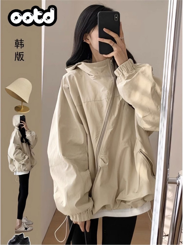 Xiaoxiangfeng フード付きアウトドアジャケット女性のための春と秋 2025 新しいカジュアルルーズ防風日焼け止めジャケットトップ|undefined
