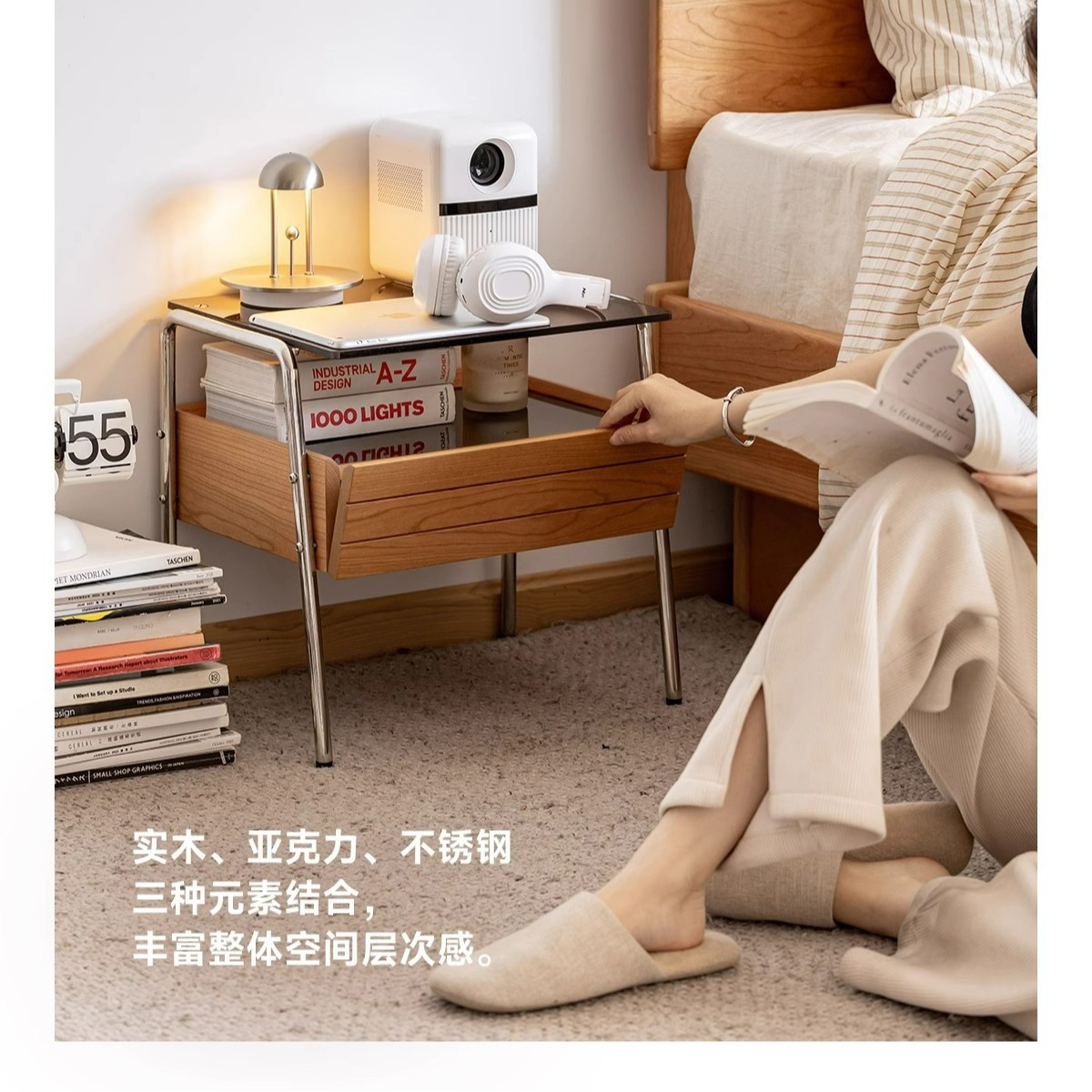 Bedside Table Cherry Wood Side Cabinet Nordic Bedroom Small Apartment Space-Saving Household Solid Wood Storage Cabinet Modern Corner Table