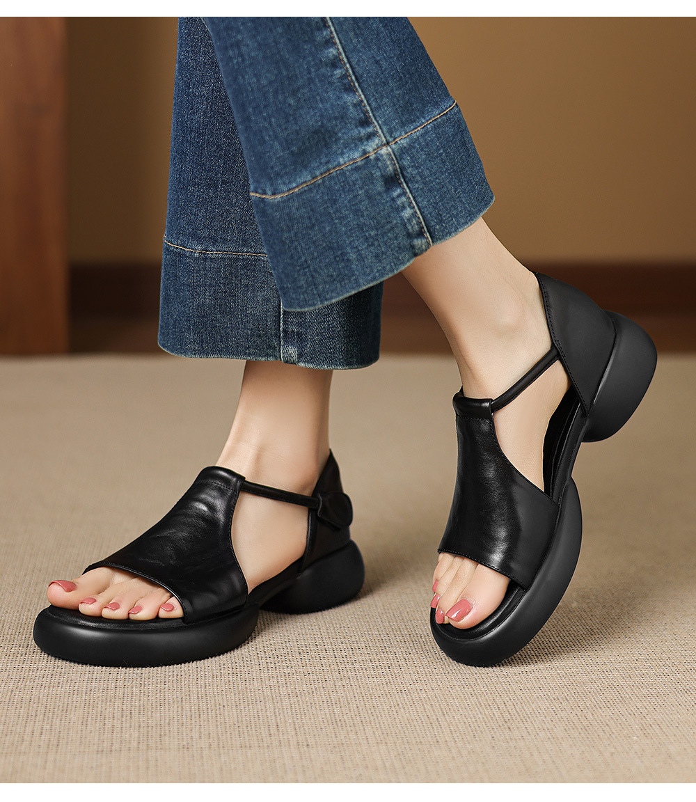 Sandal nữ quai chữ T đế dày, dán Magic Stig, form rộng thoải mái — màu nâu chi tiết 8