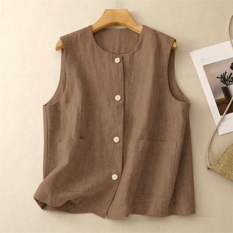 Spring and Summer 2025 New Solid Color Vintage Artistic Cotton and Linen Casual Loose All-match Elegant Vest for Women