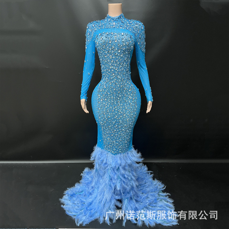 Original Heavy-Duty Sky Blue Rhinestone Feather Long Dress for Runway Shows, Singer Performances, Evening Parties, Cocktail Parties, and Costume Parties