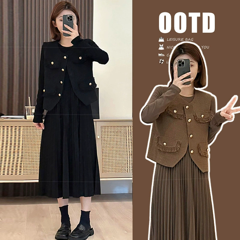 Спотовые осенние и зимние новые маленькие ароматные жилеты с длинными рукавами плиссированные платья для беременных