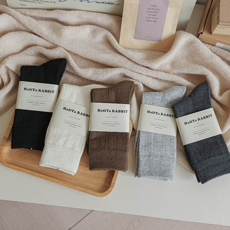 Men's Autumn/Winter Cashmere Solid Color Mid-Calf Socks with Fleece, Thickened and Warm High-Calf Business Basic Slouch Socks