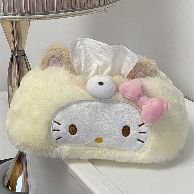 Cute kitty cream yellow plush tissue box for home use in the living room, bathroom, or car