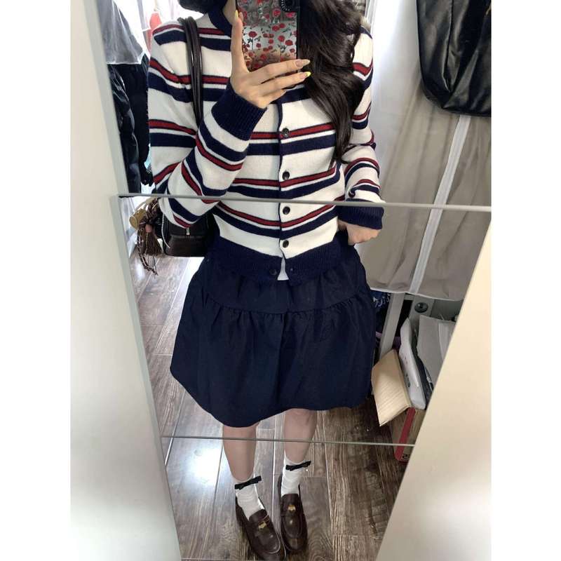 韩版撞色条纹针织开衫女2025早秋新款复古小香风圆领刺绣毛衣外套|undefined