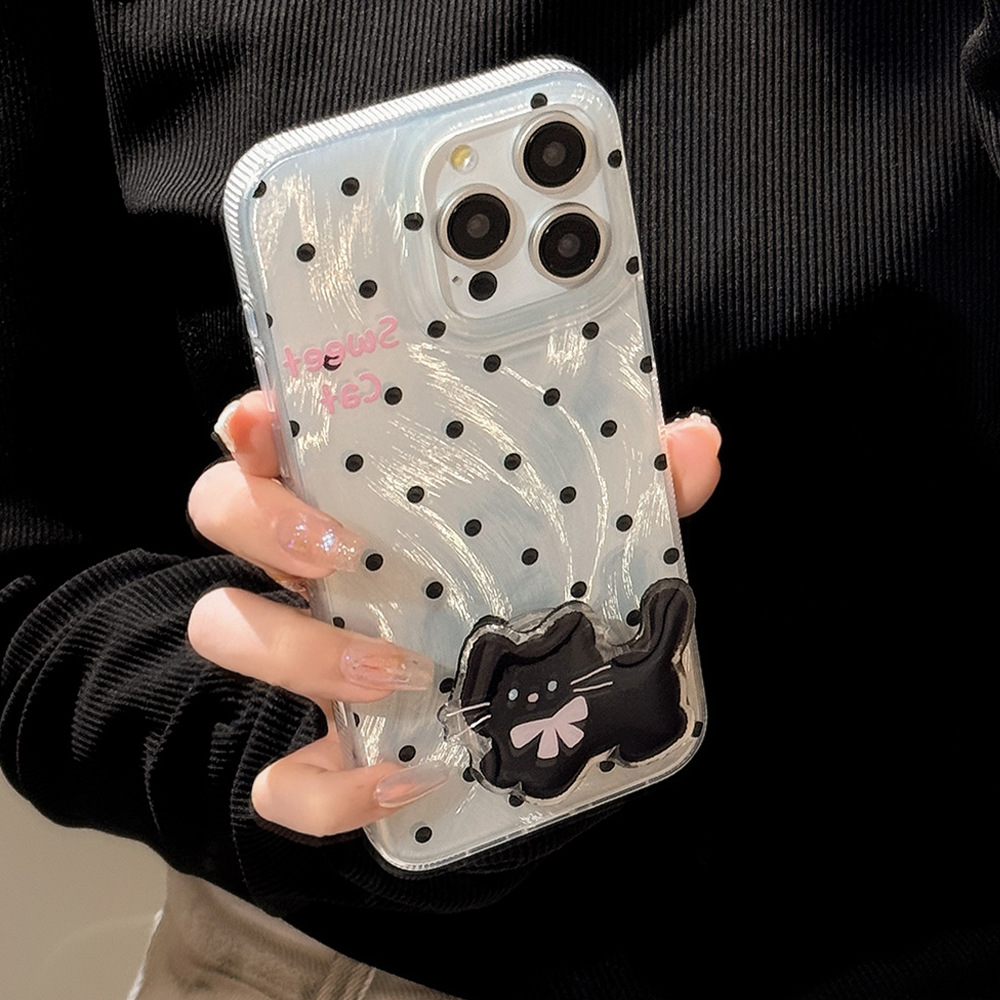 Funda para iPhone 16/15/14/11 estilo INS con estampado de lunares, diseño de gato y soporte, de hilo de plumas, rígida, compatible con Apple 17 Pro Max