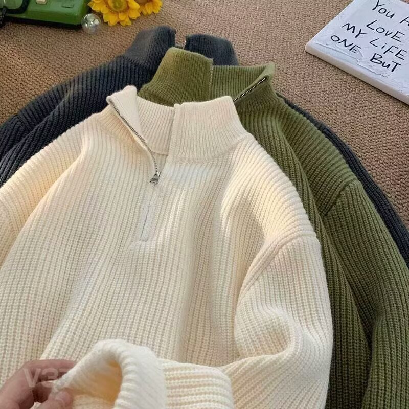 Inspirierter Polo-Strickpullover mit halbem Reißverschluss – Lässiger Oversize-Pullover für Herren (M-3XL, Stretch & pflegeleicht, Streetwear-Basic)_voghion.com