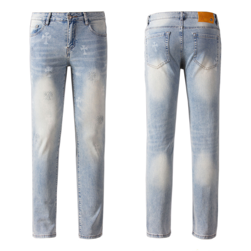 Nuevos productos vaqueros europeos de alta gama para hombres Four Seasons Cross Stereo Print Slim Slim Elástico Lavado Pantalones rectos pequeños