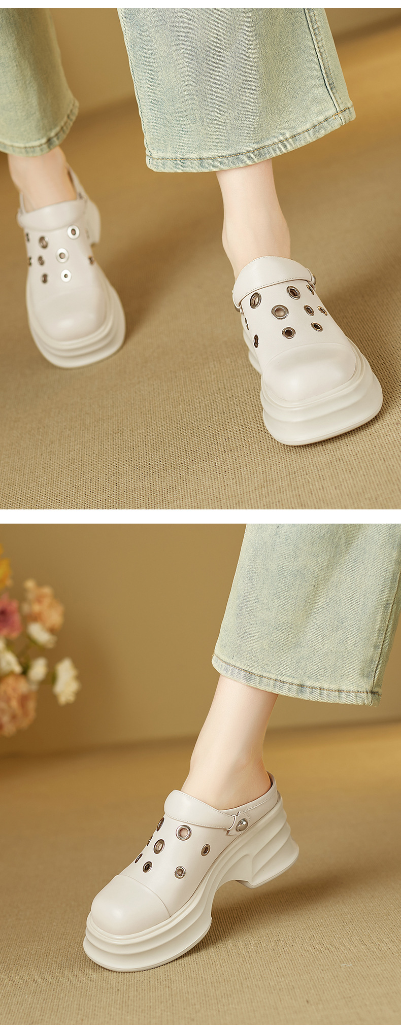 Dép sandal nữ mũi nhọn quai chữ V đế dày gót cao 9 cm — màu trắng ngà chi tiết 7
