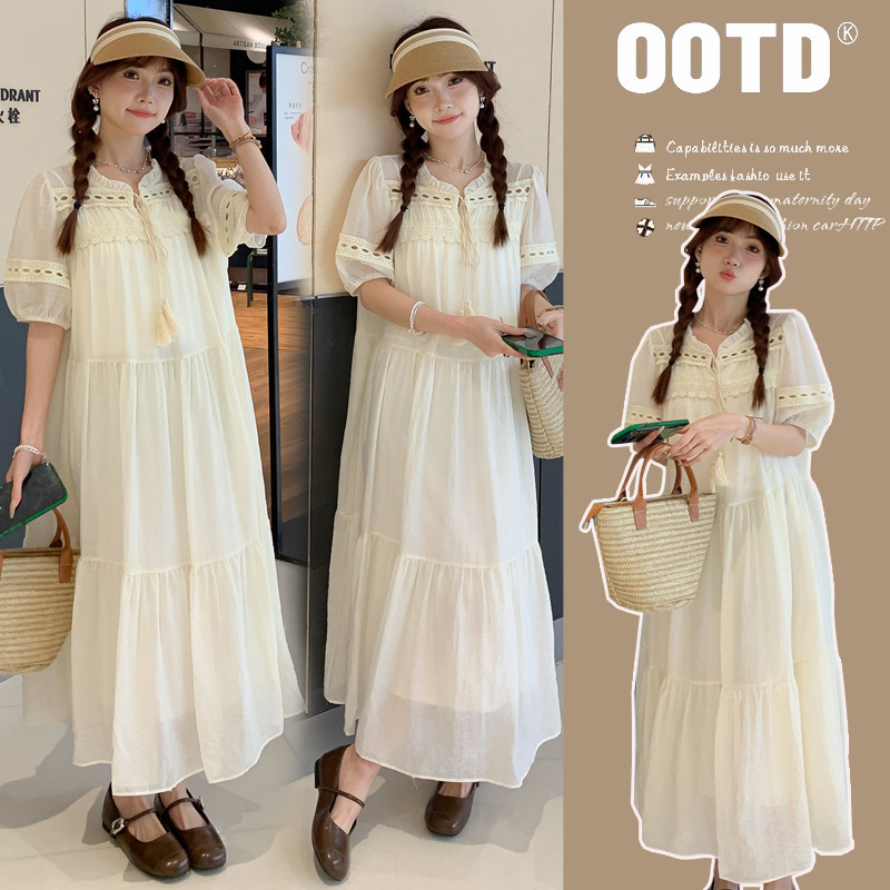 Trendy Mom's New Maternity Wear Summer Chiffon Dress Fairy White Summer Belly-covering Large Size French Long Skirt during Pregnancy
