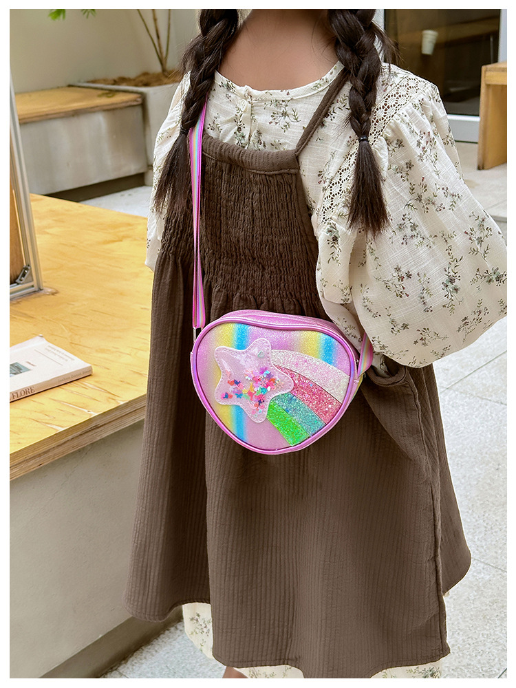 178g Weight Polyester Lining Material Zipper Closure Type Single Shoulder Strap Strap Type Shoulder Bag, Crossbody Bag Bags Type Daily Occasion Pu Leather Material Star, Stripe Pattern All Seasons Season Kid'S Gender Cute Style Heart-shaped Shape Kid'S Pu Leather Star Stripe Cute Heart-shaped Zipper Shoulder Bag Crossbody Bag 7