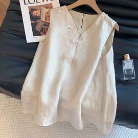 新款夏季高级感钉珠无袖大码宽松衬衫V领个性遮肚小众上衣女
