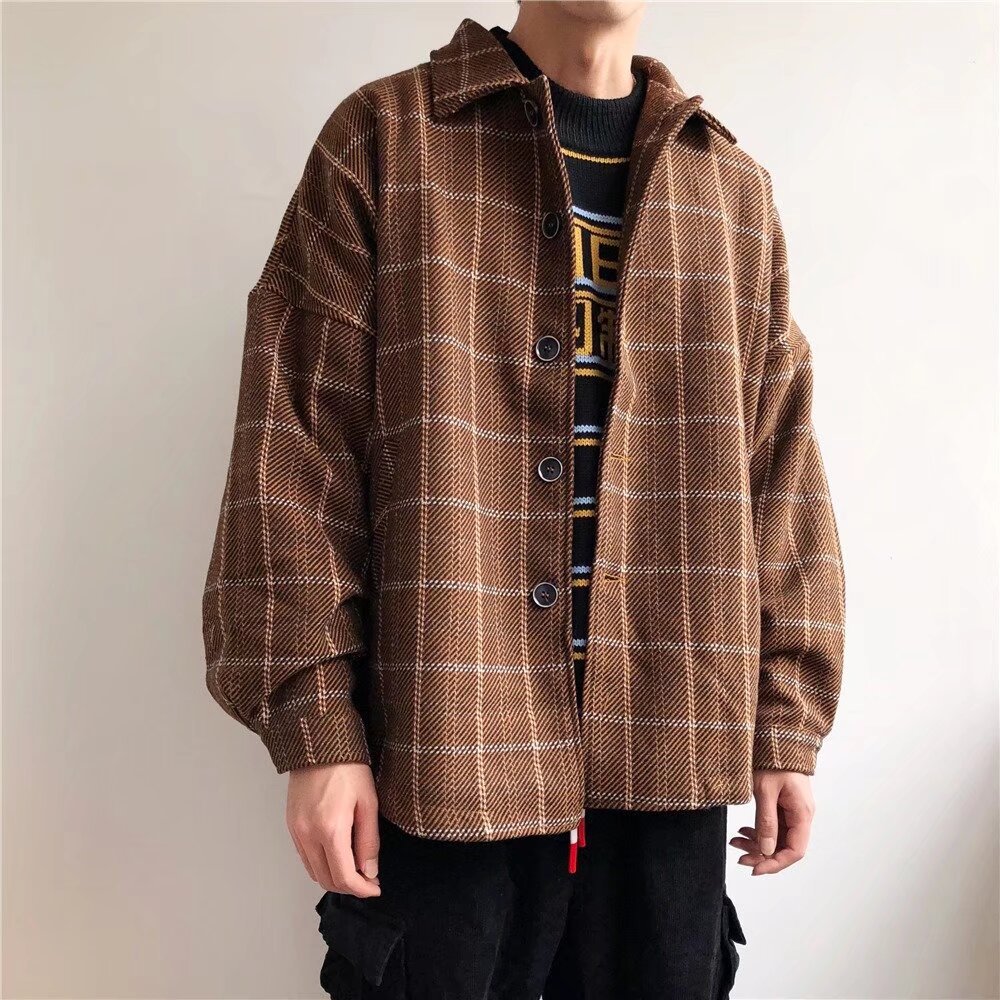 Woolen Plaid Jacket For Men, Loose, Trendy, Retro, Casual, Versatile, Student Top, Workwear Jacket_voghion.com