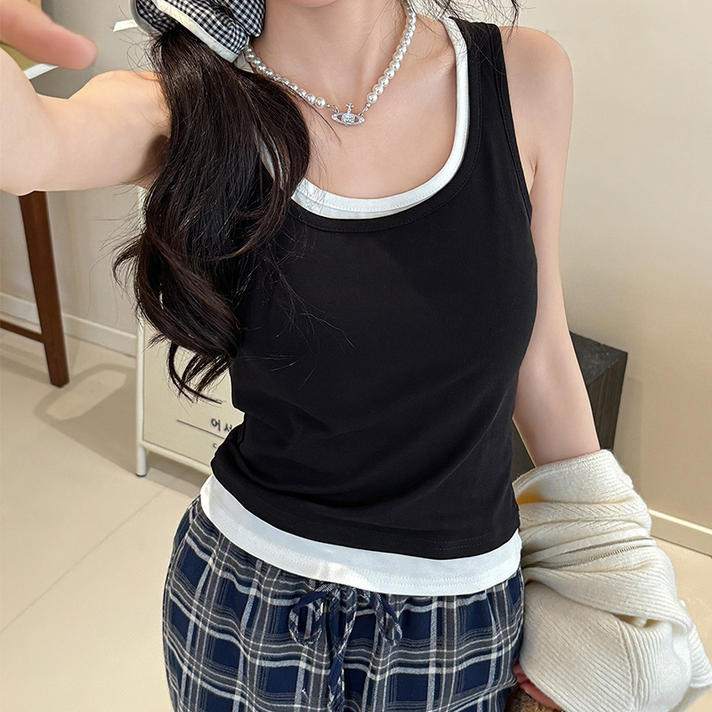 Strictly Selected 2025 New Korean Style Fake Two-piece Camisole Women's Stitching Design Lazy Style Sleeveless Thin Top
