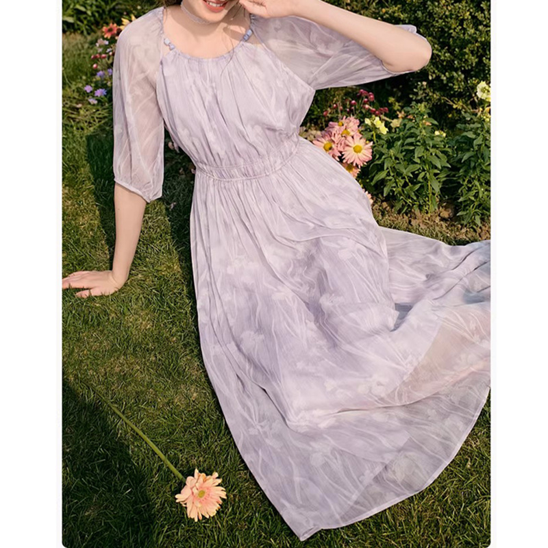 Floral Dress for Women 2026 Summer New Style Round Neck Puff Sleeve French Print Waist-Cinching Long Skirt L86S133