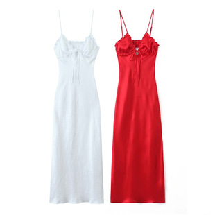 Amazon Wholesale Spring New Women's Pullover V-Neck Lace-Up Layup Ornamental Backless Silk Satin Texture Dress
